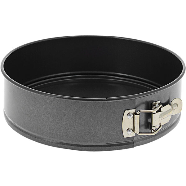 A black round de Buyer non-stick steel cake pan with a metal handle.