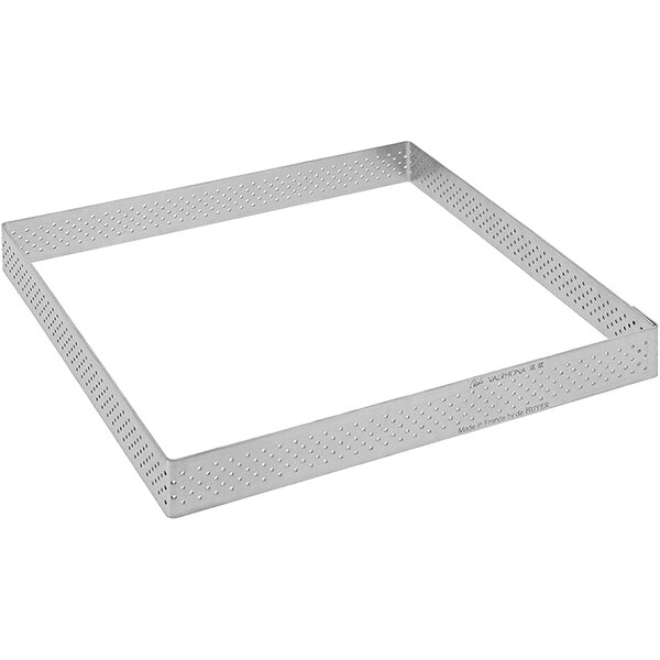 A de Buyer stainless steel square tart ring frame with perforations.