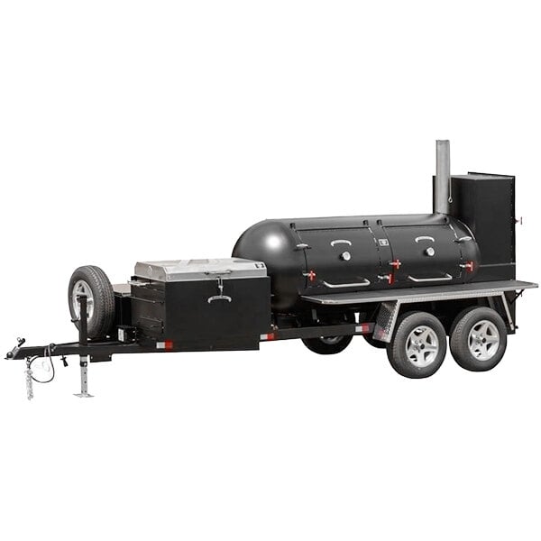 A black barbecue trailer with wheels.
