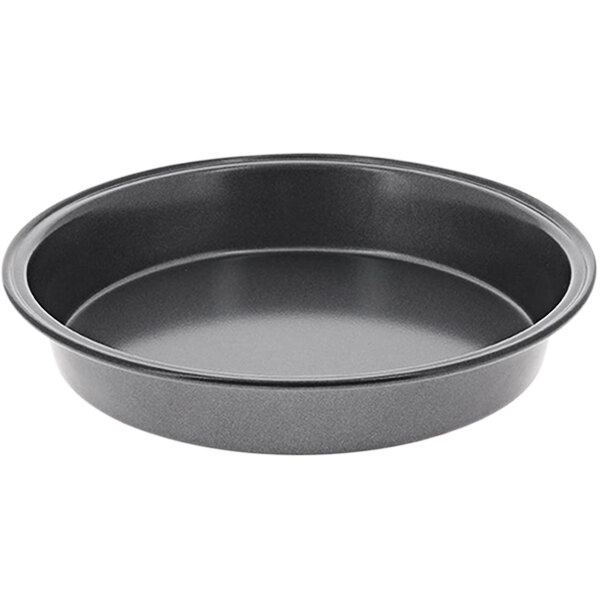A black round de Buyer non-stick steel cake pan.