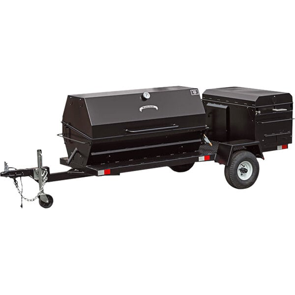 A black barbecue grill on a black trailer with a white box on the side.