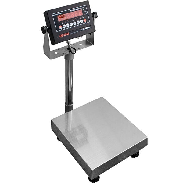 An Optima Weighing Systems legal for trade bench scale with a stainless steel platform.