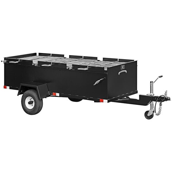 A black Meadow Creek BBQ96 chicken cooker trailer with three grills on it.
