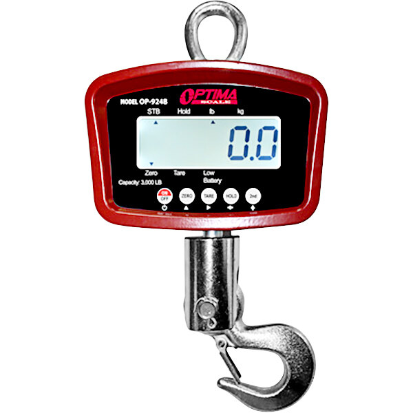 A close-up of a red and black Optima Weighing Systems digital scale with a hook and LCD display.