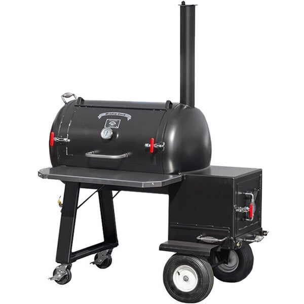 A black Meadow Creek TS70P barbecue smoker on wheels with a red handle.