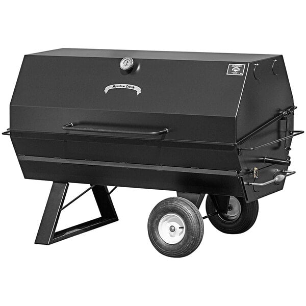 A black barbecue grill on wheels.