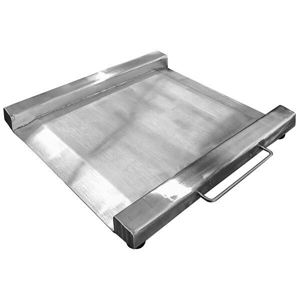 A stainless steel metal plate with a handle on it.