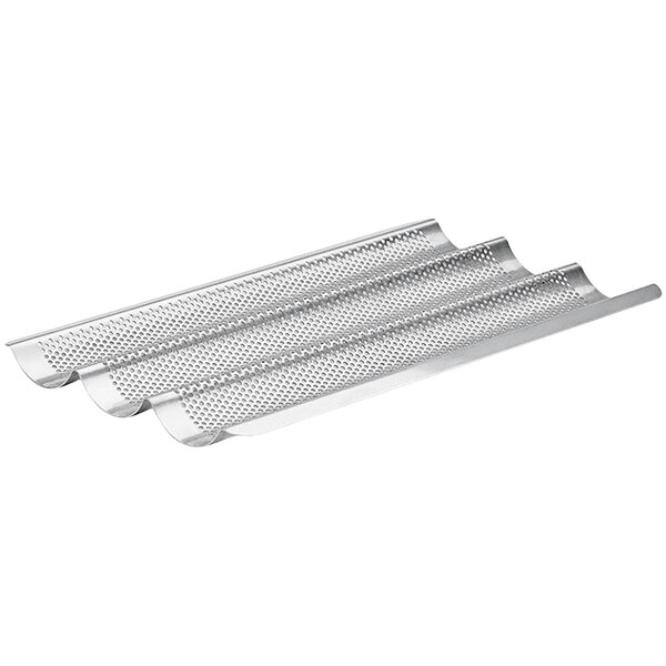 A de Buyer stainless steel perforated baguette pan with three loaf sections.