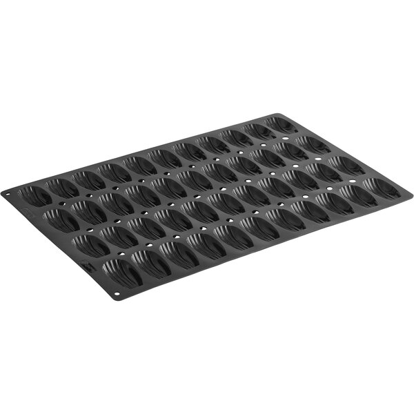 A black de Buyer Madeleine silicone baking tray with 44 compartments.