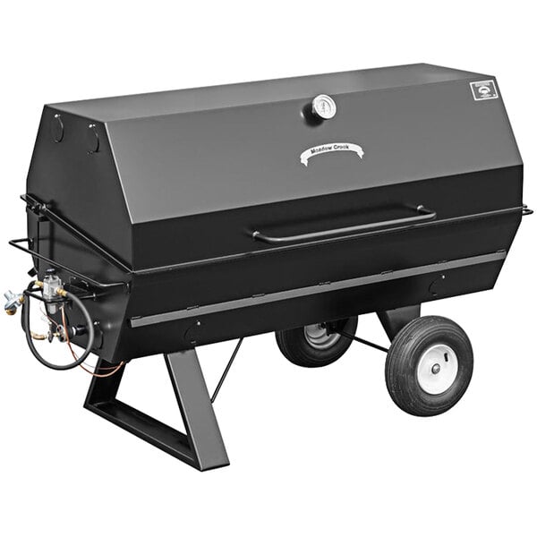 A black rectangular grill with wheels.