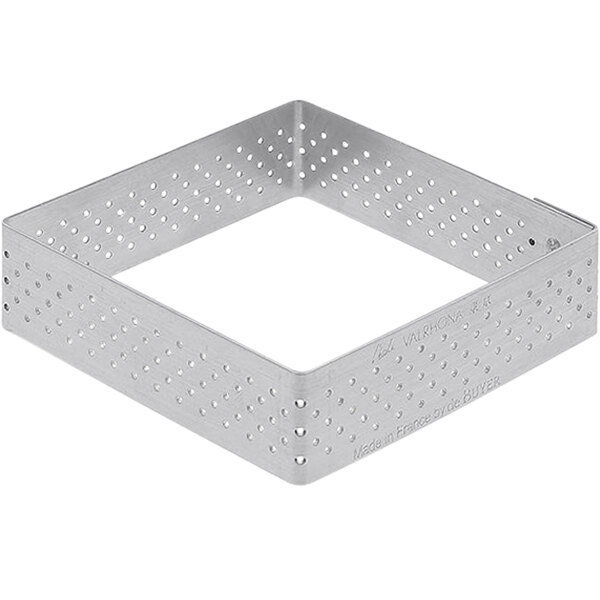 A stainless steel square metal frame with holes.
