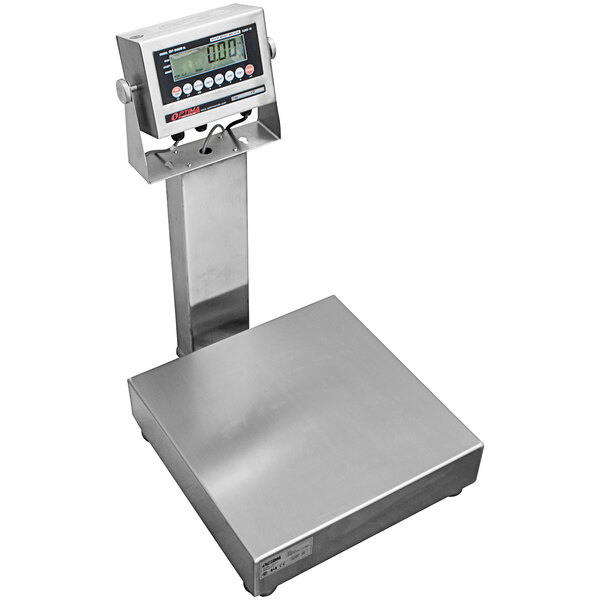 An Optima Weighing Systems stainless steel bench scale with a screen.