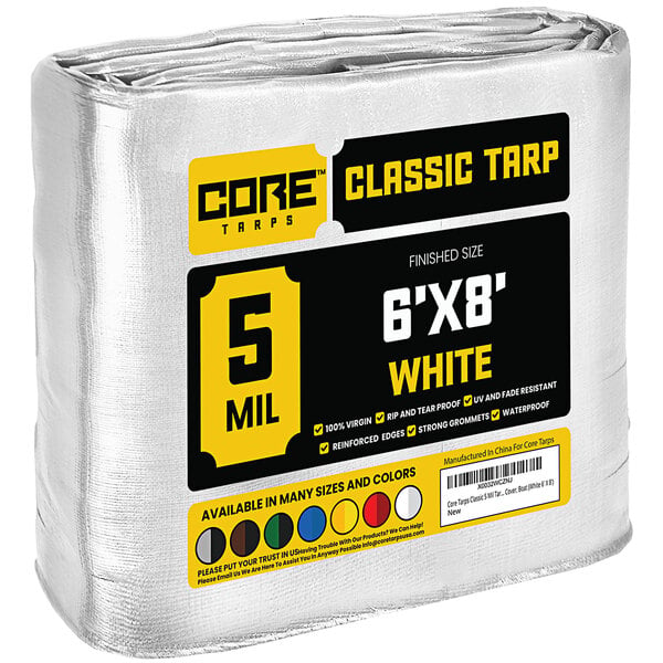 A close up of a white Core Classic weatherproof tarp with reinforced edges.