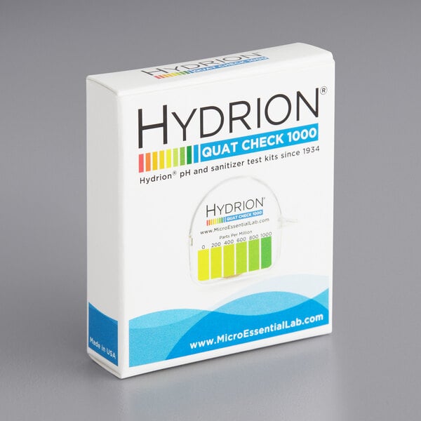 A white box for Hydrion Quaternary Sanitizer Test Kit with blue and green text and a colorful label.