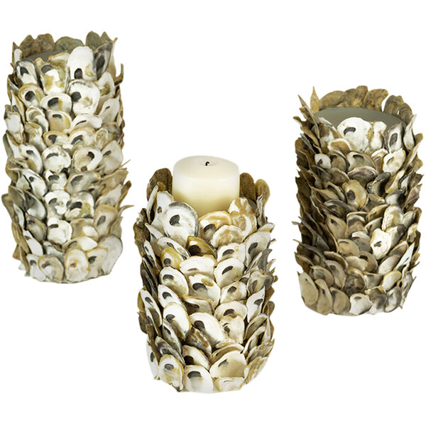 A Kalalou 3-piece oyster shell candle holder set with white candles in each holder.