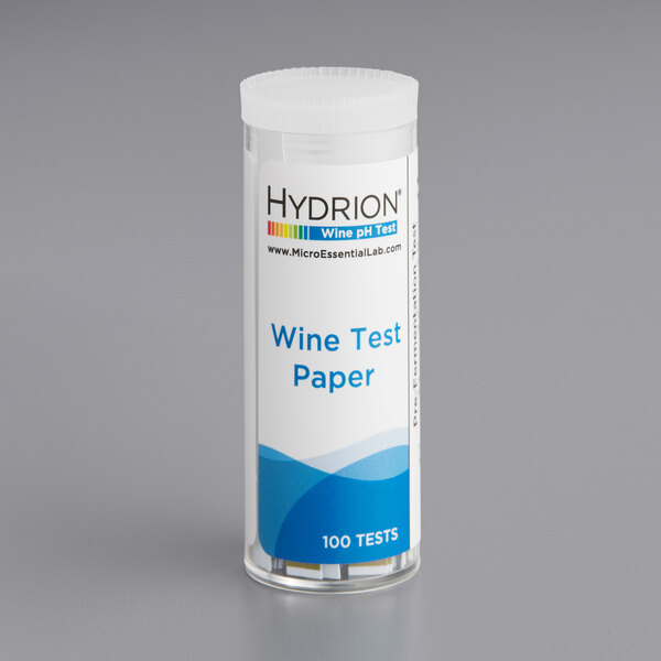 A white vial of 100 Hydrion wine pH test strips with a blue label.