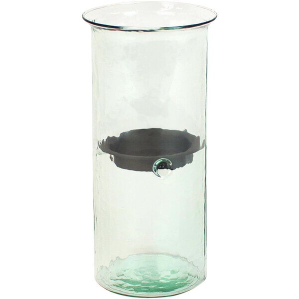 A Kalalou glass hurricane candle holder with a black metal insert.