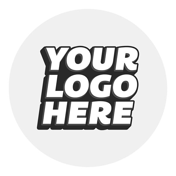 A white customizable round vinyl sticker with black and white text that says "Your Logo Here"