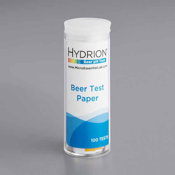 A white vial of Hydrion Beer pH Test Strips with a blue label.