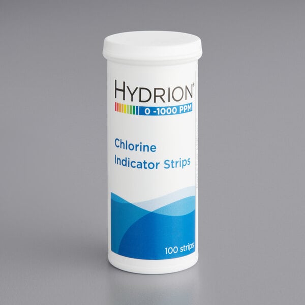 A white container of Hydrion Chlorine High-Range Test Strips with blue and white labels.