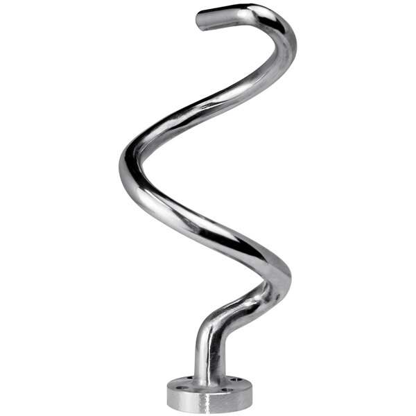 A curved metal spiral dough hook.