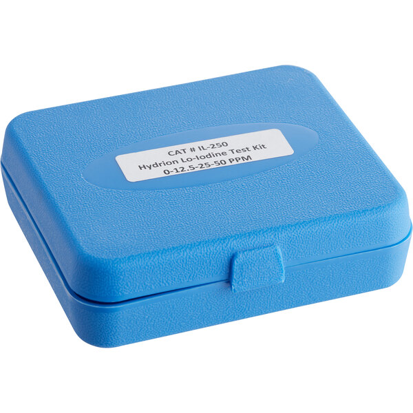A blue plastic box of Hydrion Lo Iodine Test Paper with a white label.