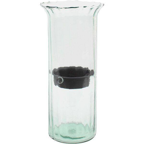 A Kalalou glass cylindrical hurricane with a metal insert and black metal ring.