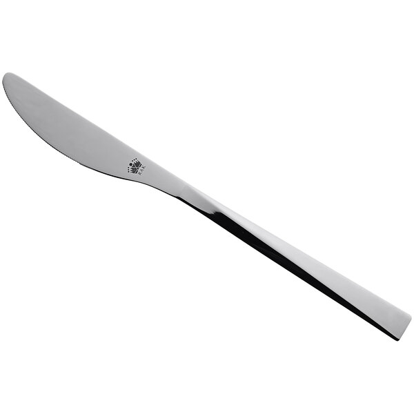 A silver RAK Porcelain dinner knife with a black handle.