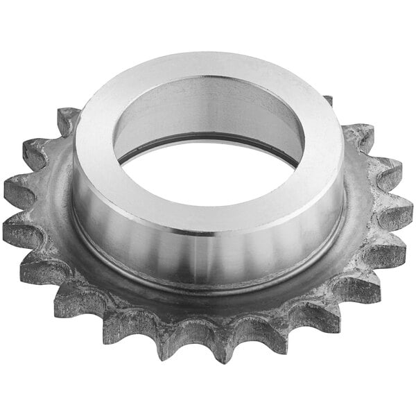A metal sprocket gear with a hole on a white background.