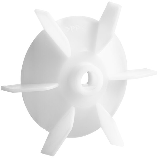 A white plastic fan with four blades.