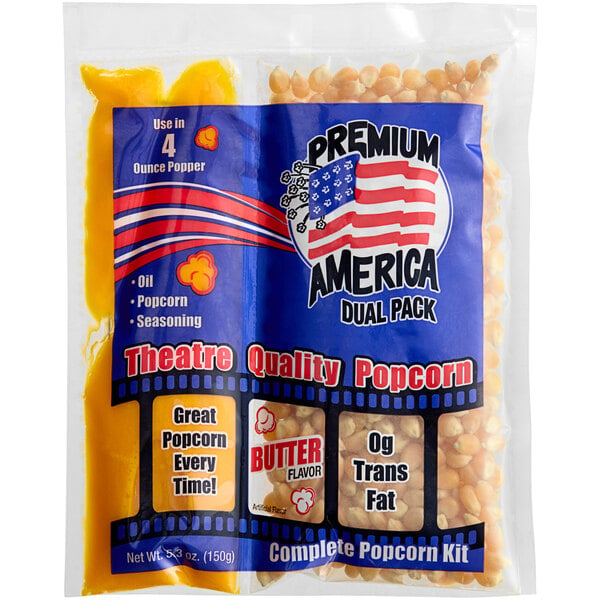 A Great Western Premium America popcorn kit with text and images on a white background.