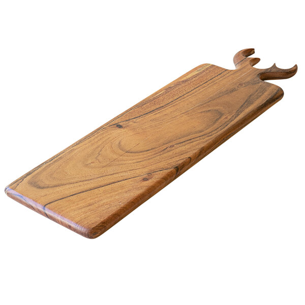 A curved acacia wood serving board with antler handles.