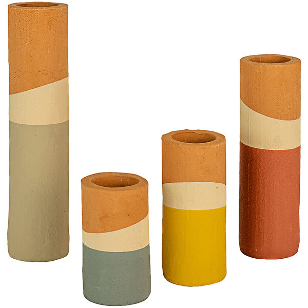 A group of four multicolored standard clay vases with different shapes.