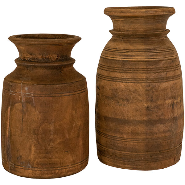 A pair of brown mango wood vases with wooden handles.
