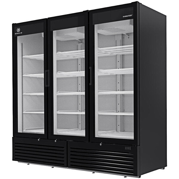 A Beverage-Air black refrigerated merchandiser with glass doors.