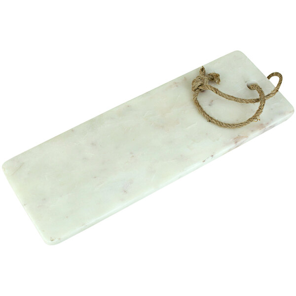 A white rectangular marble serving board with a rope around it.