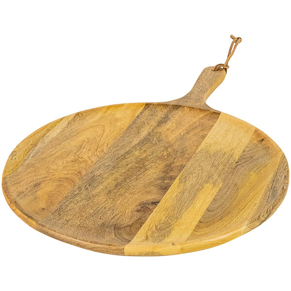 A Kalalou mango wood round serving board with a handle.