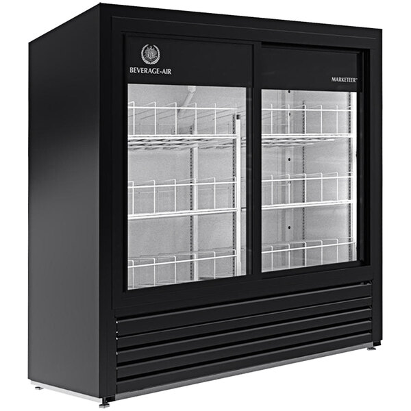 A black Beverage-Air Marketeer glass door refrigerator with LED lighting.