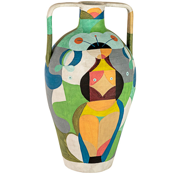 A Kalalou multi-colored ceramic vase with handles.
