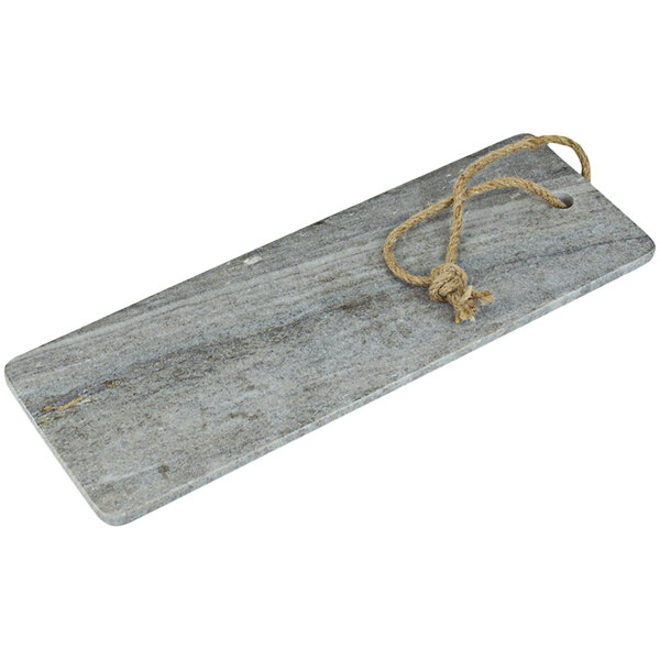 A wooden serving board with a rope handle.