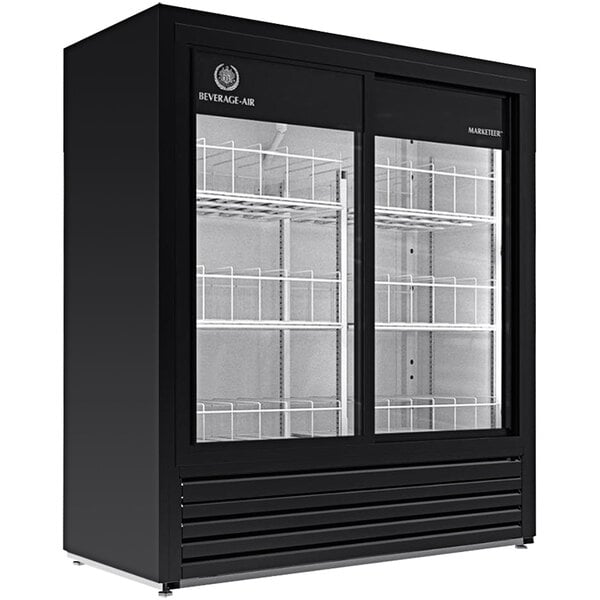 A black Beverage-Air Marketeer glass door refrigerator with LED lighting.