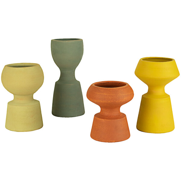 A group of colorful vases including yellow, blue, green, and red clay vases.