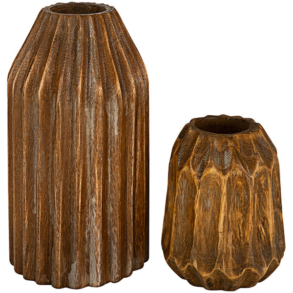 A pair of wooden vases with brown and gold wood carvings.