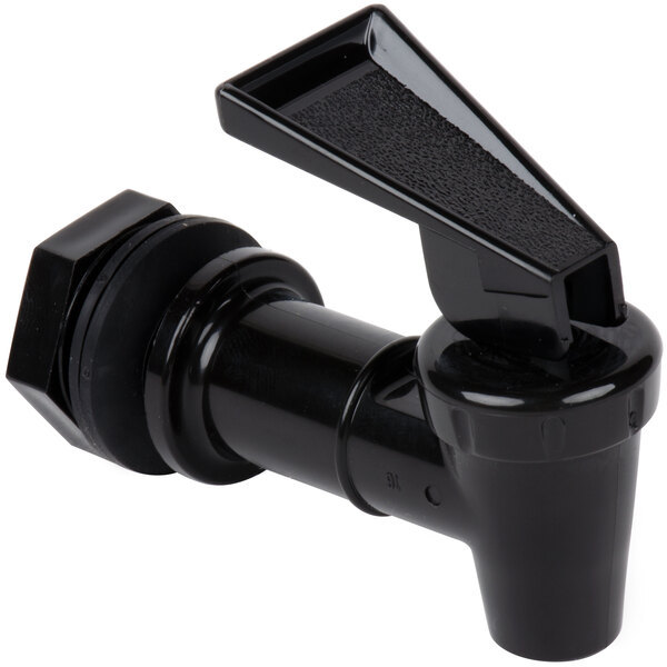 A black plastic faucet with a handle.