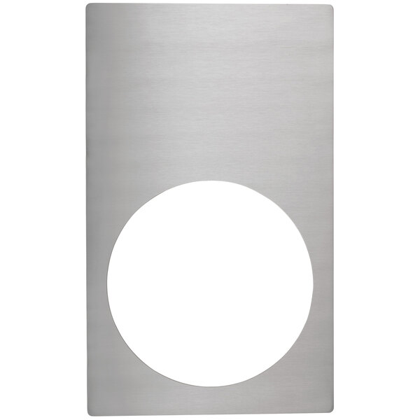 A stainless steel rectangular adapter plate with a circular hole.