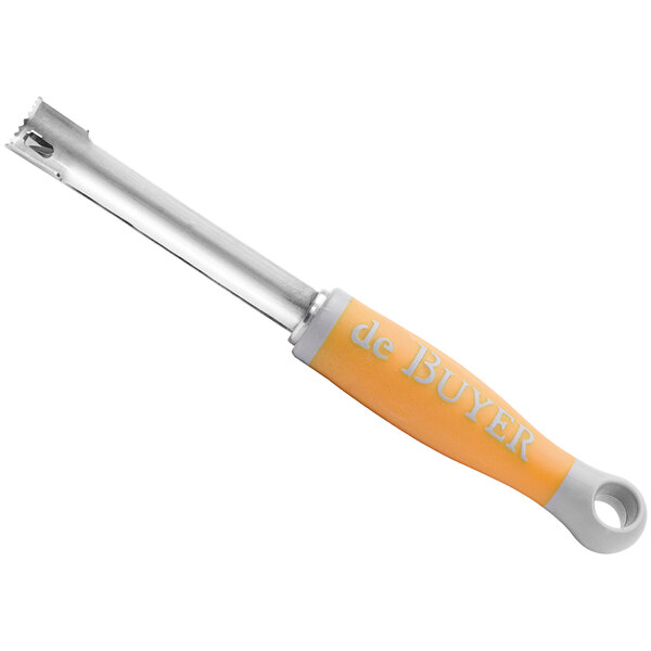 A de Buyer orange and yellow manual corer with a silver blade.