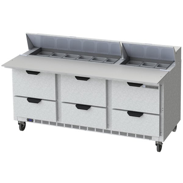A white Beverage-Air commercial kitchen counter with 6 drawers.