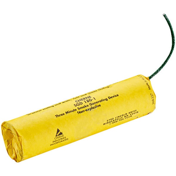 A yellow tube with black text and a green wire.
