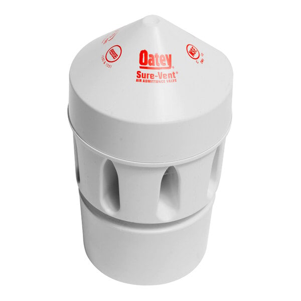 A white plastic container with a cone shaped top and a white cylinder with red text.