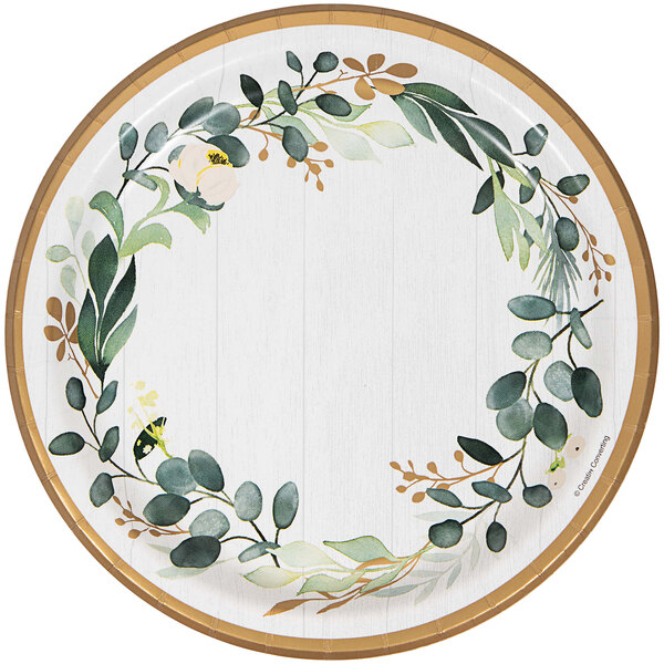 A Creative Converting Eucalyptus Green paper plate with a floral wreath design.